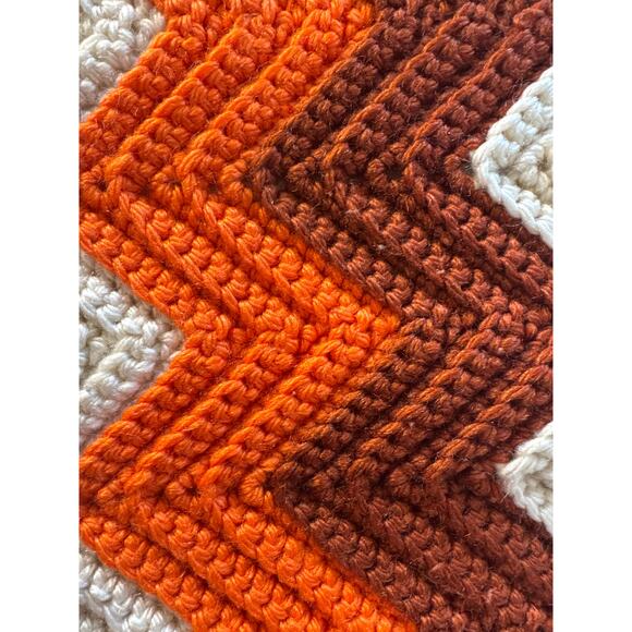 Handmade Zigzag Crochet Afghan Orange and Cream Blanket - Picture 5 of 5